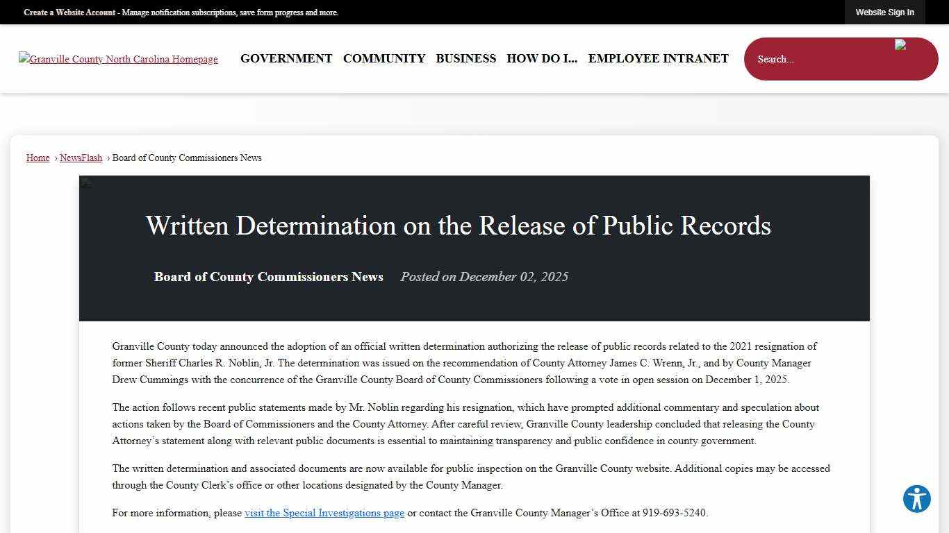 Written Determination on the Release of Public Records • Granville County, NC